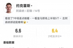 不忍下手？约克雷斯面对老东家：56分钟0射正1关键传球，评分6.6